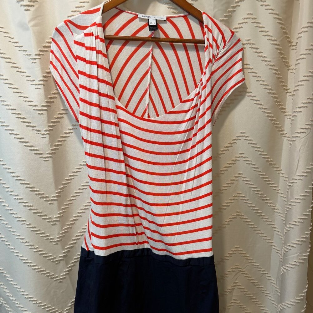 Nautical style MNG Mango Dress Size L Orange White Navy Stripe Colorblock Y2K